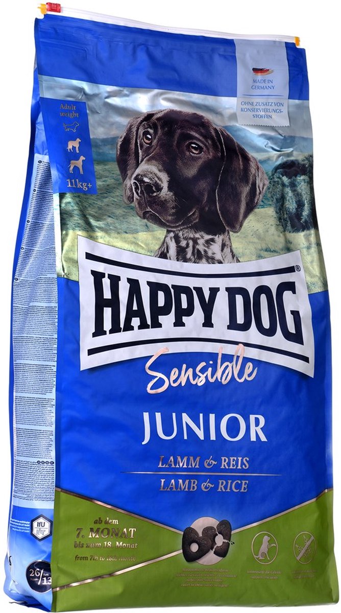 Happy dog sensible junior nourriture sèche pour chien agneau, riz 10 kg