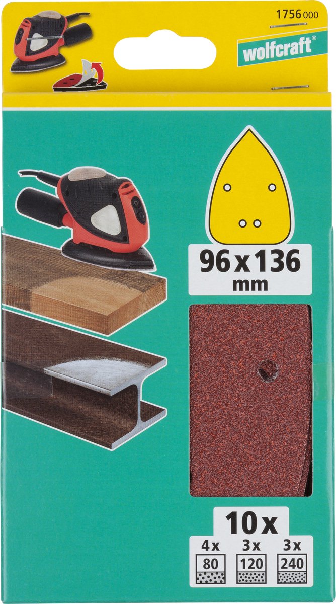 Wolfcraft - papier de verre - 10 pièces - pour ponceuse à souris triangle - grain 80 120 240 - 1756000