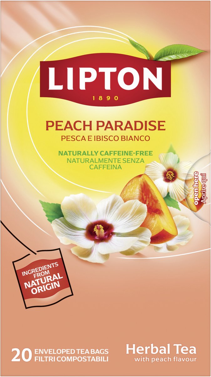 Lipton tisane pêche paradisiaque - 80 sachets de thé pyramidaux - tisane pêche - 4 x 20 sachets - pack économique