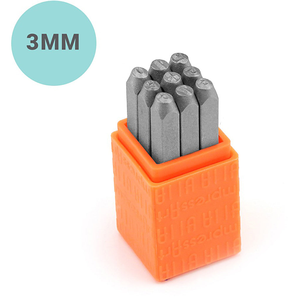 Tampons de gaufrage Impressart, police: sans serif, dim 3 mm, 9 pièces 1 set