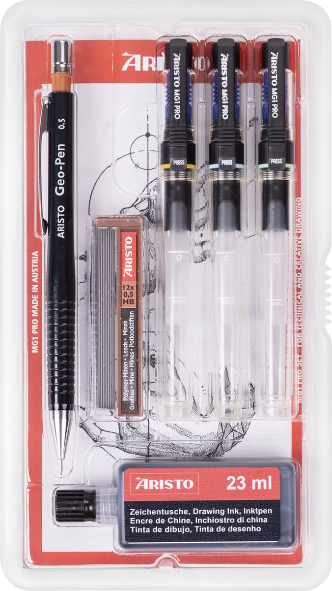 Stylo à dessin Aristo - pro college - lot de 6 - largeur de trait 0,18 0,25 0,35 mm - bouteille d'encre 23 ml - crayon à dessin - mines de crayon - ar-64314