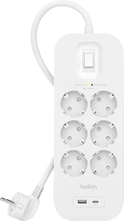Parasurtenseur Belkin avec 6 prises blanc 2m (USB-C + USB-A) usage belge