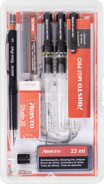 Stylo à dessin Aristo - pro studio - set 8 pièces - largeur de trait 0,20 0,35 0,70 mm - bouteille 23 ml d'encre - crayon à dessin - mines de crayon - gomme - adaptateur de stylo - ar-64151