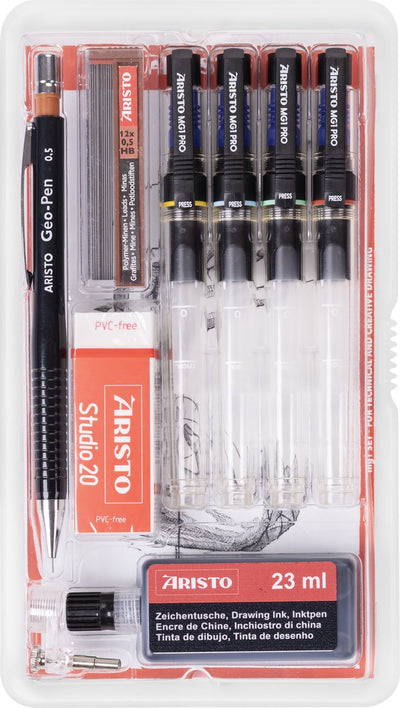 Stylo à dessin Aristo - pro studio - set 9 pièces - largeur de trait 0,13 0,40 0,60 0,80 mm - bouteille 23 ml d'encre - crayon à dessin - mines de crayon - gomme - adaptateur de stylo - ar-64159