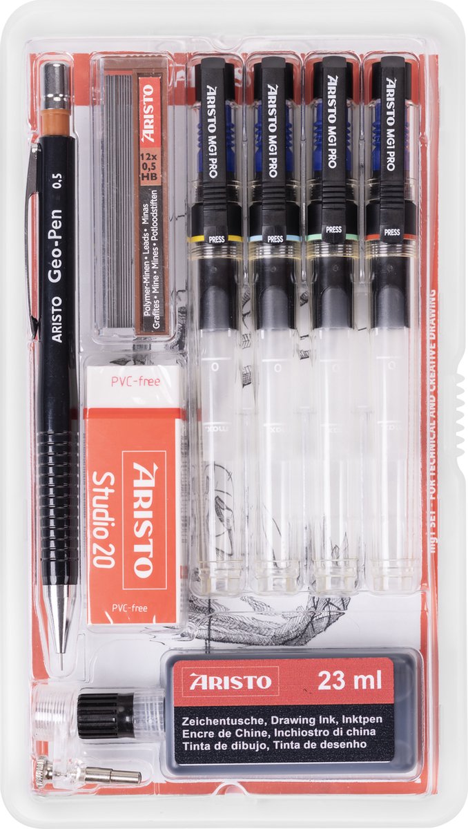 Stylo à dessin Aristo - pro studio - set 9 pièces - largeur de trait 0,13 0,40 0,60 0,80 mm - bouteille 23 ml d'encre - crayon à dessin - mines de crayon - gomme - adaptateur de stylo - ar-64159
