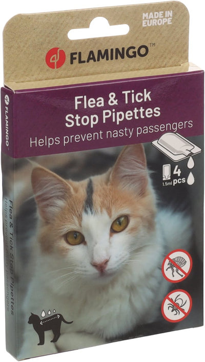 Flamingo puces gouttes chat - batali puces anti-tiques pipettes 4x1,5ml - gouttes antiparasitaires - contre les puces - tiques et acariens - avec diméthicone - sans insecticide - convient dès 3 mois - pour tous types de peau