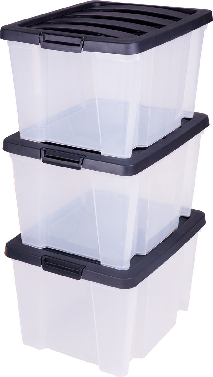 Boîte de rangement Iris trendybox - 30l - plastique - noir transparent - lot de 3