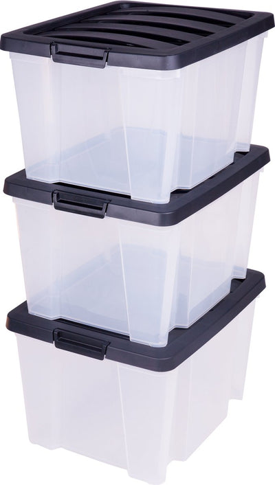 Boîte de rangement Iris trendybox - 30l - plastique - noir transparent - lot de 3