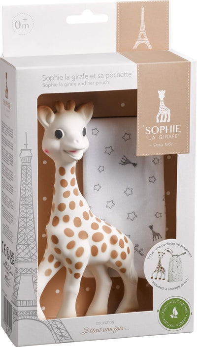 Sophie la girafe - jouet de dentition - jouet de dentition - jouets pour bébé - cadeau de maternité - cadeau baby shower - dans une boîte cadeau blanche - 100% caoutchouc naturel - à partir de 0 mois - 18 cm - beige marron - avec sac de rangement