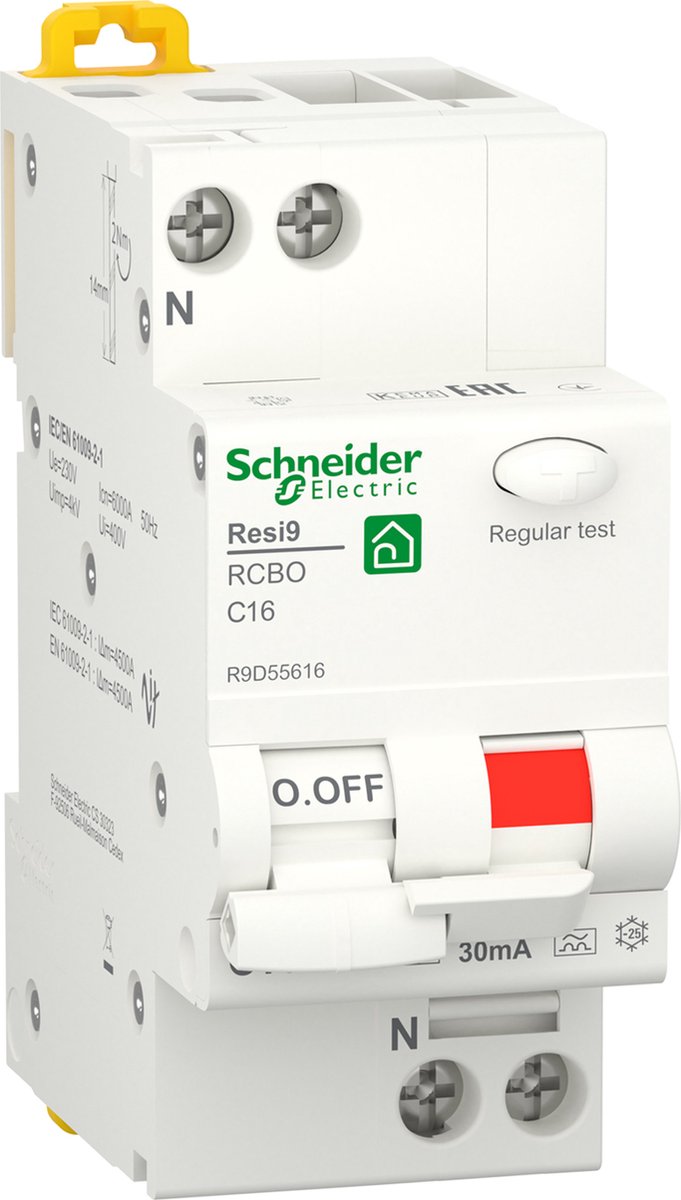 Schneider electric resi9 - disjoncteur différentiel - 1p+n - 16a - caractéristique c - 6000a - 30ma - type a