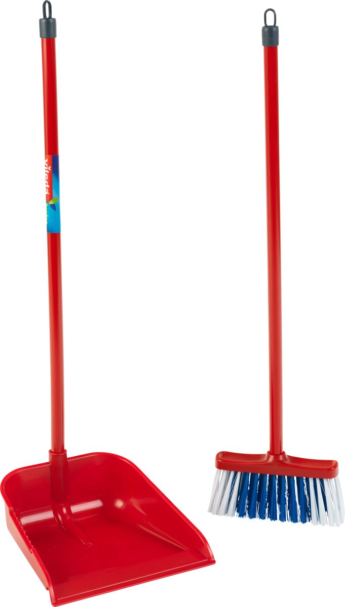Klein toys vileda pelle à poussière et pelle à long manche - manche de 56 cm de long - balai de 55,5 cm de long - rouge bleu