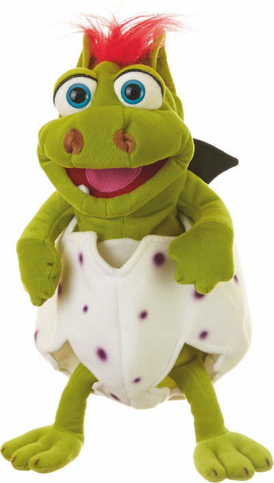 Marionnettes vivantes le petit Gregor dans l'œuf | marionnette dragon de 36 cm | principe de la bouche pliante | adapté aux enfants et aux adultes | ouverture de la main en bas, la poupée peut être jouée à travers l'œuf