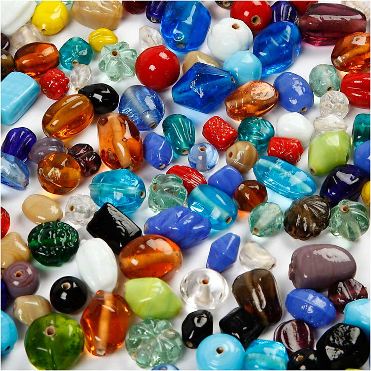 Perles de verre de la compagnie Creativ, DIM 7-18 mm, Taille du trou 1 mm, env. 600 pièces, différentes couleurs, 1000 g 1 boîte
