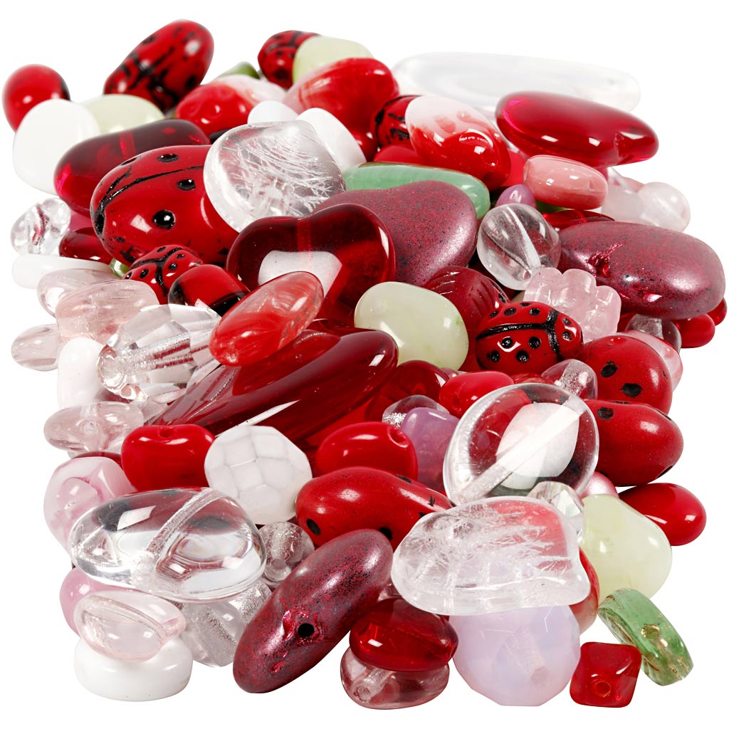 Creativ company perles en verre, coccinelle, feuilles, coeurs, d 5-22 mm, diamètre de trou 0,5-1,5 mm, différentes couleurs, 350 gr 1 boîte