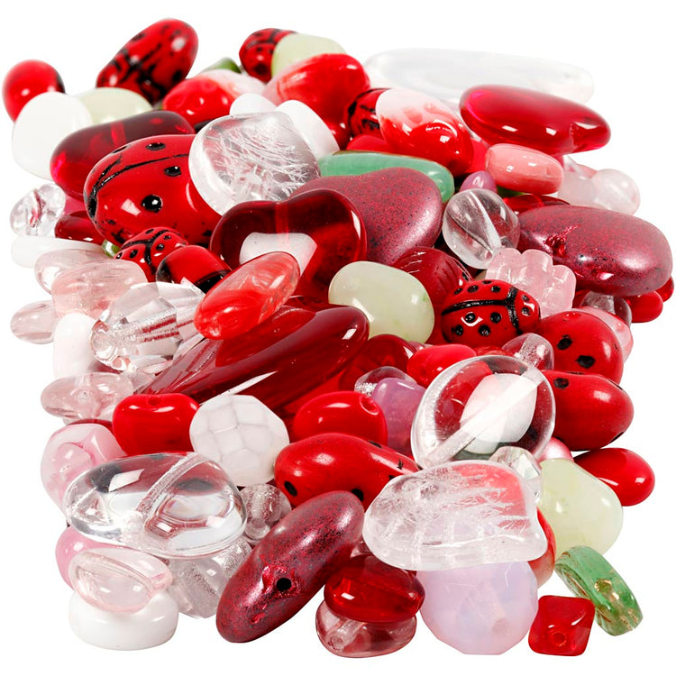 Creativ company perles en verre, coccinelle, feuilles, coeurs, d 5-22 mm, diamètre de trou 0,5-1,5 mm, différentes couleurs, 350 gr 1 boîte