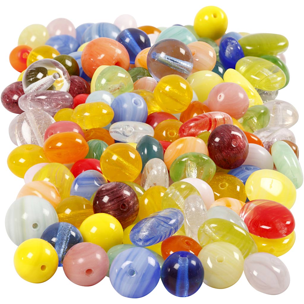 Perles en verre Creativ company, rondes, ovales, cercles, d 6-13 mm, diamètre du trou 0,5-1,5 mm, différentes couleurs, 350 gr 1 boîte