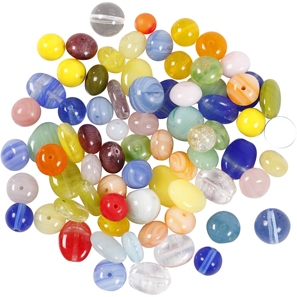 Perles en verre Creativ company, rondes, ovales, cercles, d 6-13 mm, diamètre du trou 0,5-1,5 mm, différentes couleurs, 350 gr 1 boîte