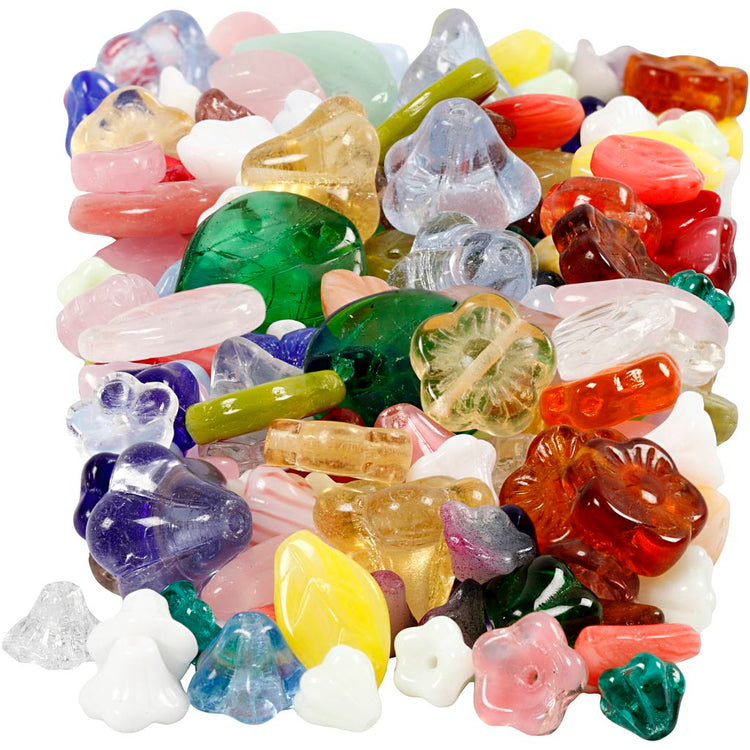 Creativ company perles en verre, feuilles, fleurs, d 6-17 mm, diamètre du trou 0,5-1,5 mm, différentes couleurs, 350 gr 1 boîte