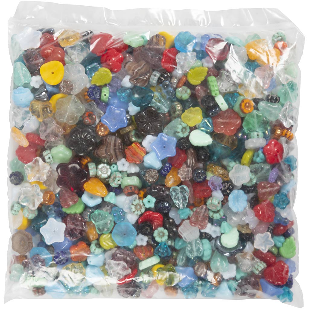 Creativ company perles en verre, feuilles, fleurs, d 6-17 mm, diamètre du trou 0,5-1,5 mm, différentes couleurs, 350 gr 1 boîte