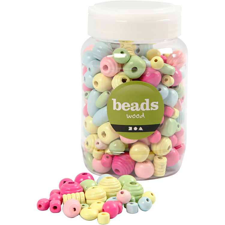 Perles en bois Creativ company, d 10-15 mm, diamètre du trou 3-5 mm, bleu clair, vert clair, rouge clair, jaune clair, 400 ml 1 seau