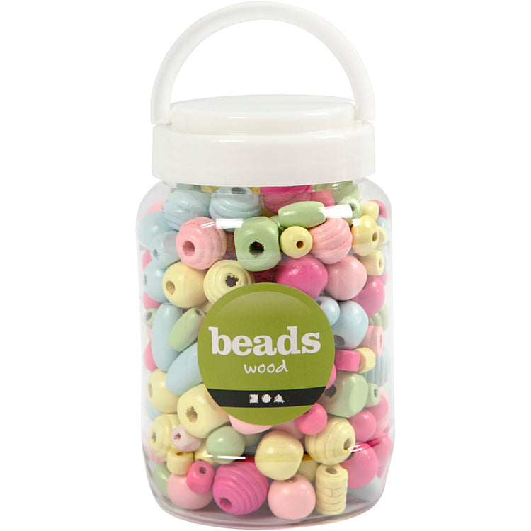 Perles en bois Creativ company, d 10-15 mm, diamètre du trou 3-5 mm, bleu clair, vert clair, rouge clair, jaune clair, 400 ml 1 seau
