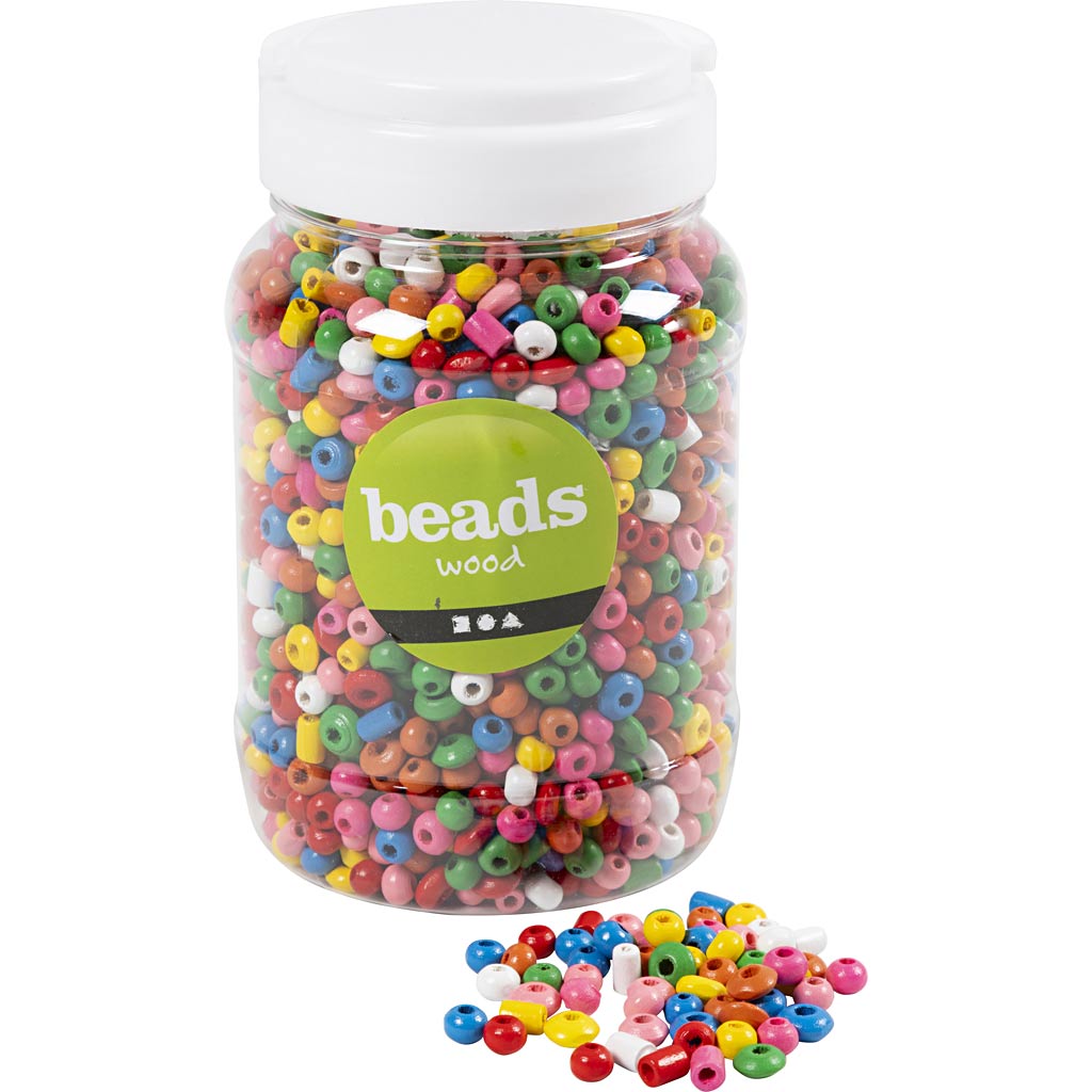 Perles en bois Creativ Company, d 5-8 mm, diamètre du trou 1,5 mm, env. 2170 pièces, différentes couleurs, 175 gr, 400 ml 1 seau