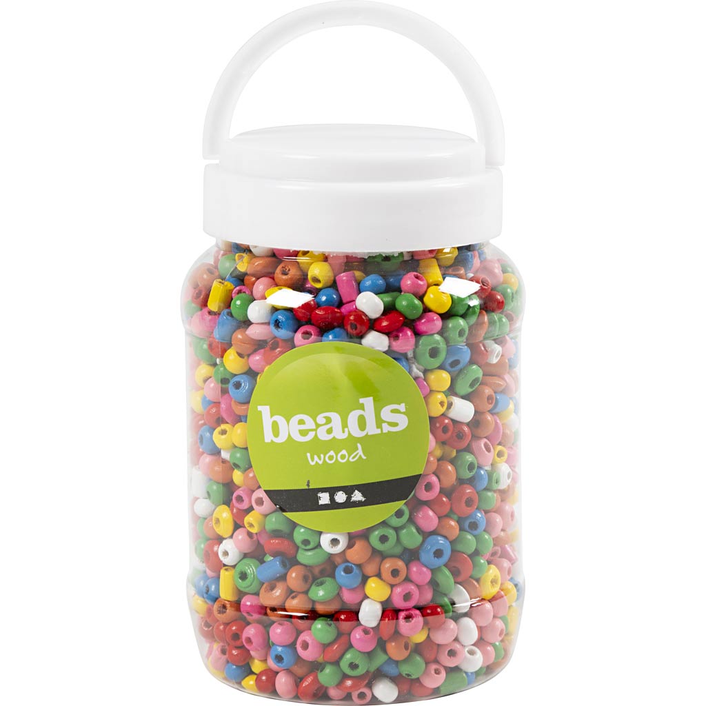 Perles en bois Creativ Company, d 5-8 mm, diamètre du trou 1,5 mm, env. 2170 pièces, différentes couleurs, 175 gr, 400 ml 1 seau