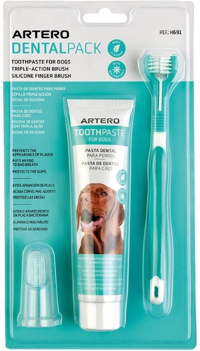 Pack dentaire Artero - Set de nettoyage dentaire pour chien 3 pièces - avec brosse à dents, dentifrice et brosse à dents en silicone