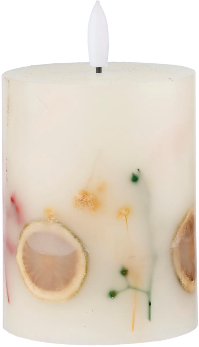 Bougie LED Arti casa - flamme mobile - fleurs séchées - 7 x 10 cm - blanc