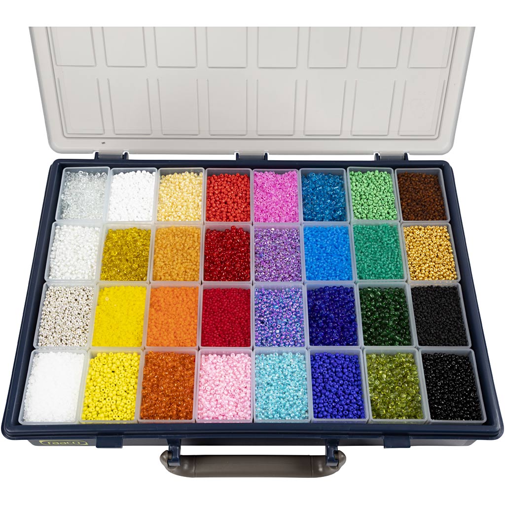 Perles de rocaille Creativ Company, d 1,7+3+4 mm, taille 6 0+8 0+12 0, taille du trou 0,5-1,2 mm, les couleurs peuvent varier, 32x100 g 1 boîte