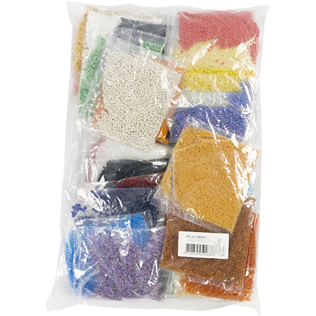 Perles de rocaille Creativ Company, d 1,7+3+4 mm, taille 6 0+8 0+12 0, taille du trou 0,5-1,2 mm, les couleurs peuvent varier, 32x100 g 1 boîte