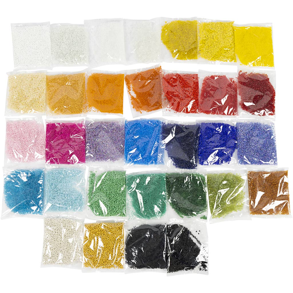 Perles de rocaille Creativ Company, d 1,7+3+4 mm, taille 6 0+8 0+12 0, taille du trou 0,5-1,2 mm, les couleurs peuvent varier, 32x100 g 1 boîte