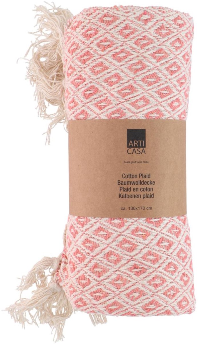 Plaid en coton Arti casa - 130x170 cm - couverture décorative avec franges - plaid soft living - rose