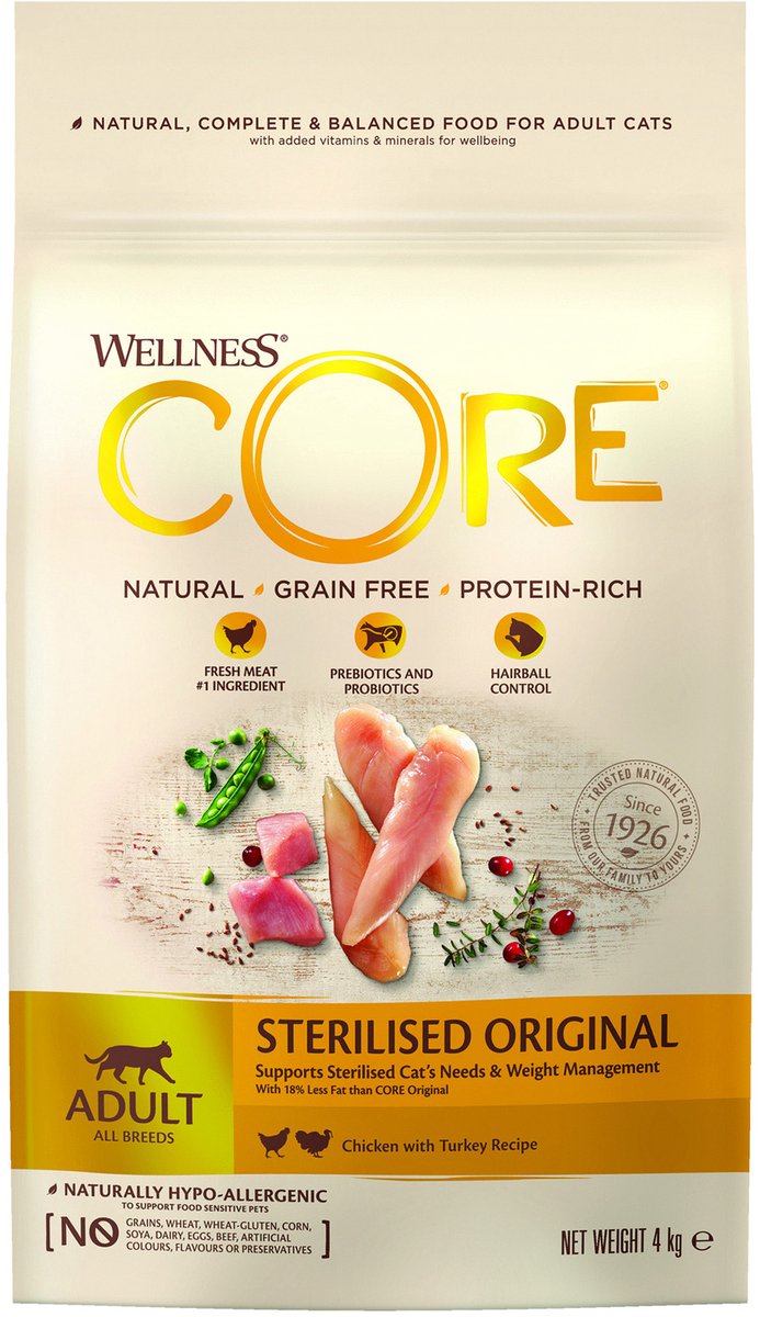 Wellness core poulet dinde stérilisé sans céréales pour chat - nourriture pour chat - 4 kg