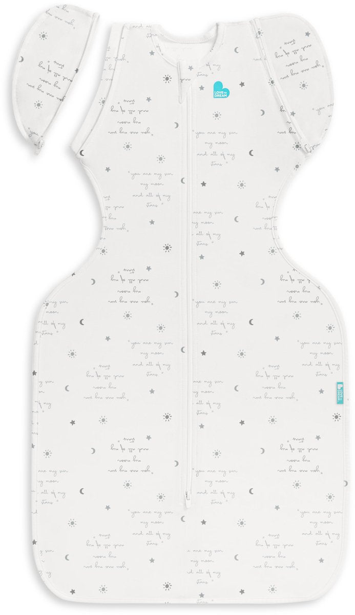 Gigoteuse pour bébé Love to dream ™ swaddle up™ - réduction de l'emmaillotage - bébé 6-9 mois - 8,5-11 kg - été - 0,2 tog - blanc avec texte