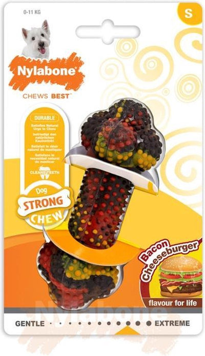 Os à mâcher fort Nylabone au goût de bacon cheeseburger - pour mâcheurs forts - petit - convient aux petits chiens jusqu'à 11 kg - petit