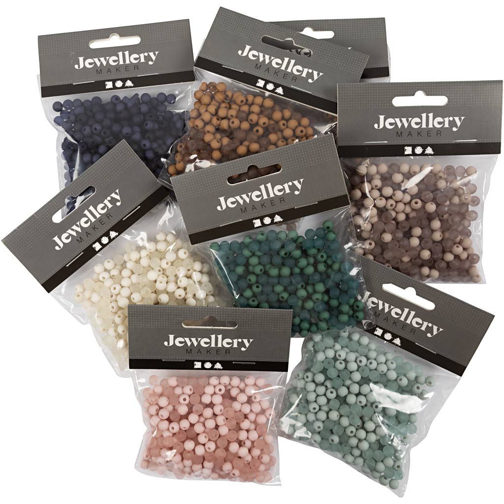 Perles en plastique Creativ Company, d 6 mm, diamètre du trou 1,5 mm, le contenu peut varier, env. 10x150 pièces, différentes couleurs, 8x40 g 1 boîte