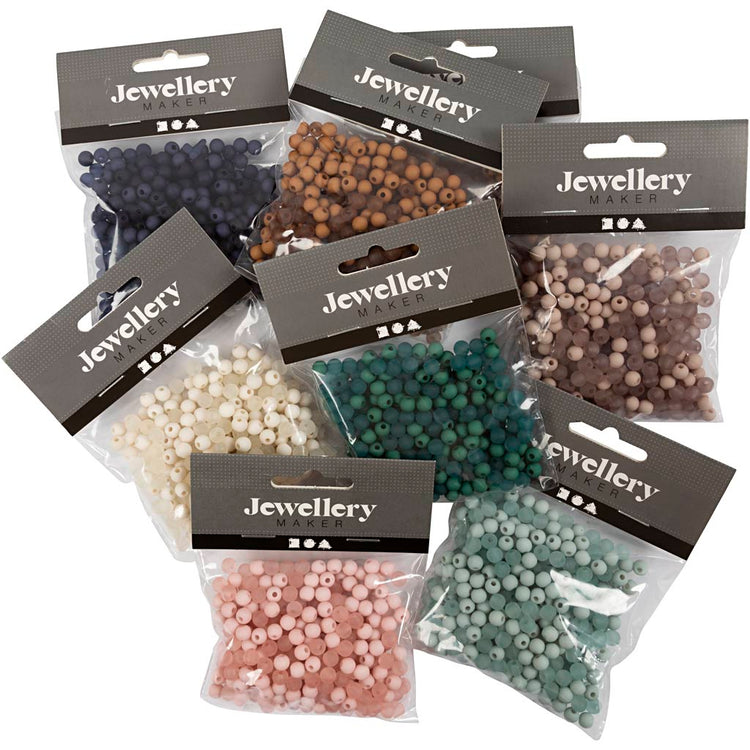 Perles en plastique Creativ Company, d 6 mm, diamètre du trou 1,5 mm, le contenu peut varier, env. 10x150 pièces, différentes couleurs, 8x40 g 1 boîte