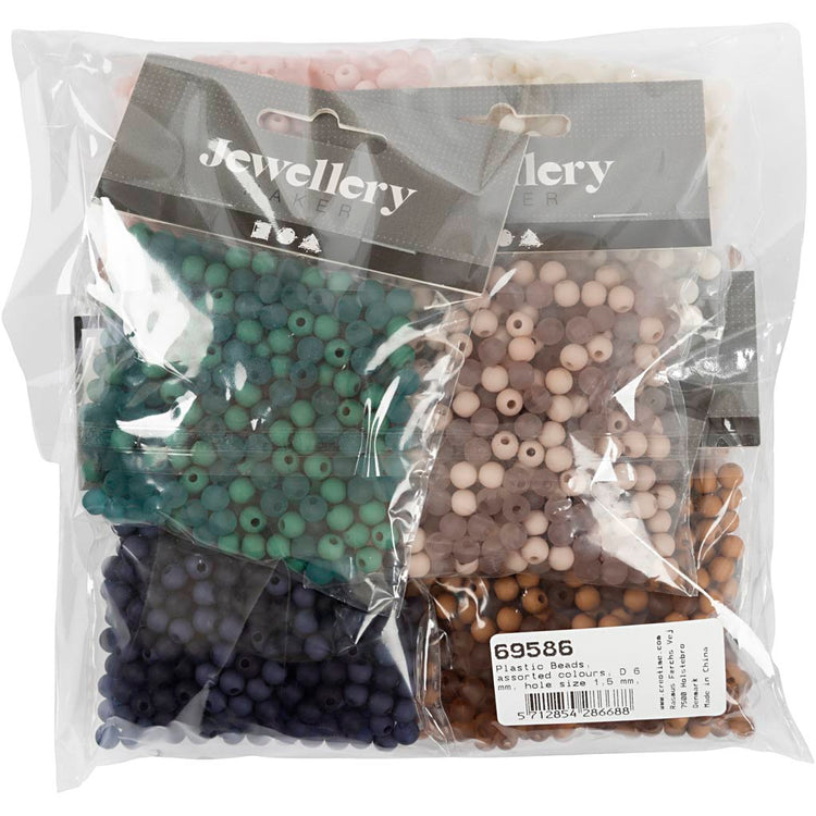 Perles en plastique Creativ Company, d 6 mm, diamètre du trou 1,5 mm, le contenu peut varier, env. 10x150 pièces, différentes couleurs, 8x40 g 1 boîte