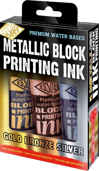 Ensemble métallique d'encre d'impression en bloc Essdee - peinture lino - 3 couleurs - or, argent, bronze - 100 ml