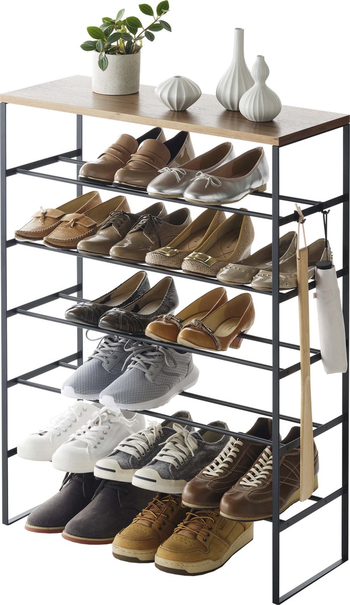 Étagère à chaussures Yamazaki avec plateau en bois - 6 niveaux - tour - noir