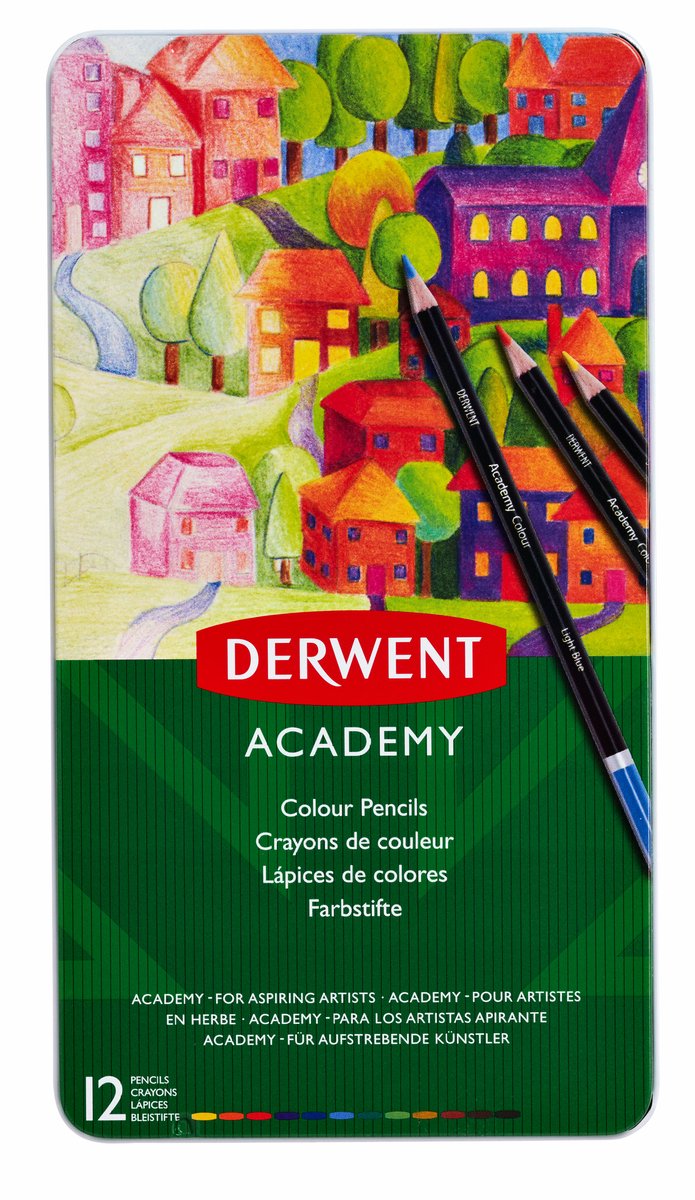 Crayons de couleur Derwent Academy dans une boîte métallique - couleurs assorties - lot de 12 crayons de couleur
