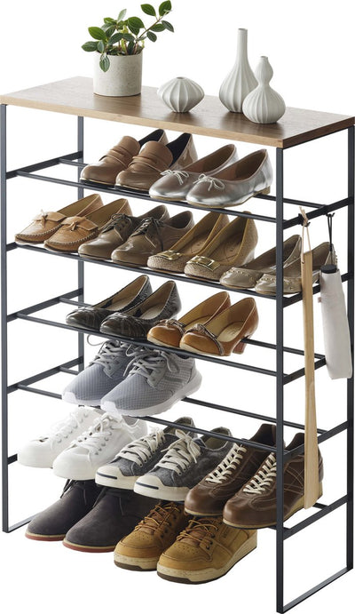 Étagère à chaussures Yamazaki avec plateau en bois - 6 niveaux - tour - noir