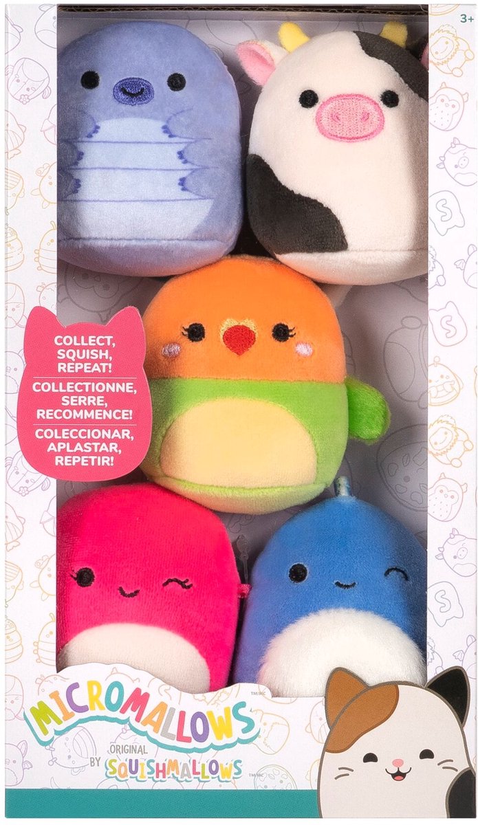 Micromallows Jazwares - paquet de 5 squishmallows en peluche (tew, connor, plath, brody, lasla) 6 cm