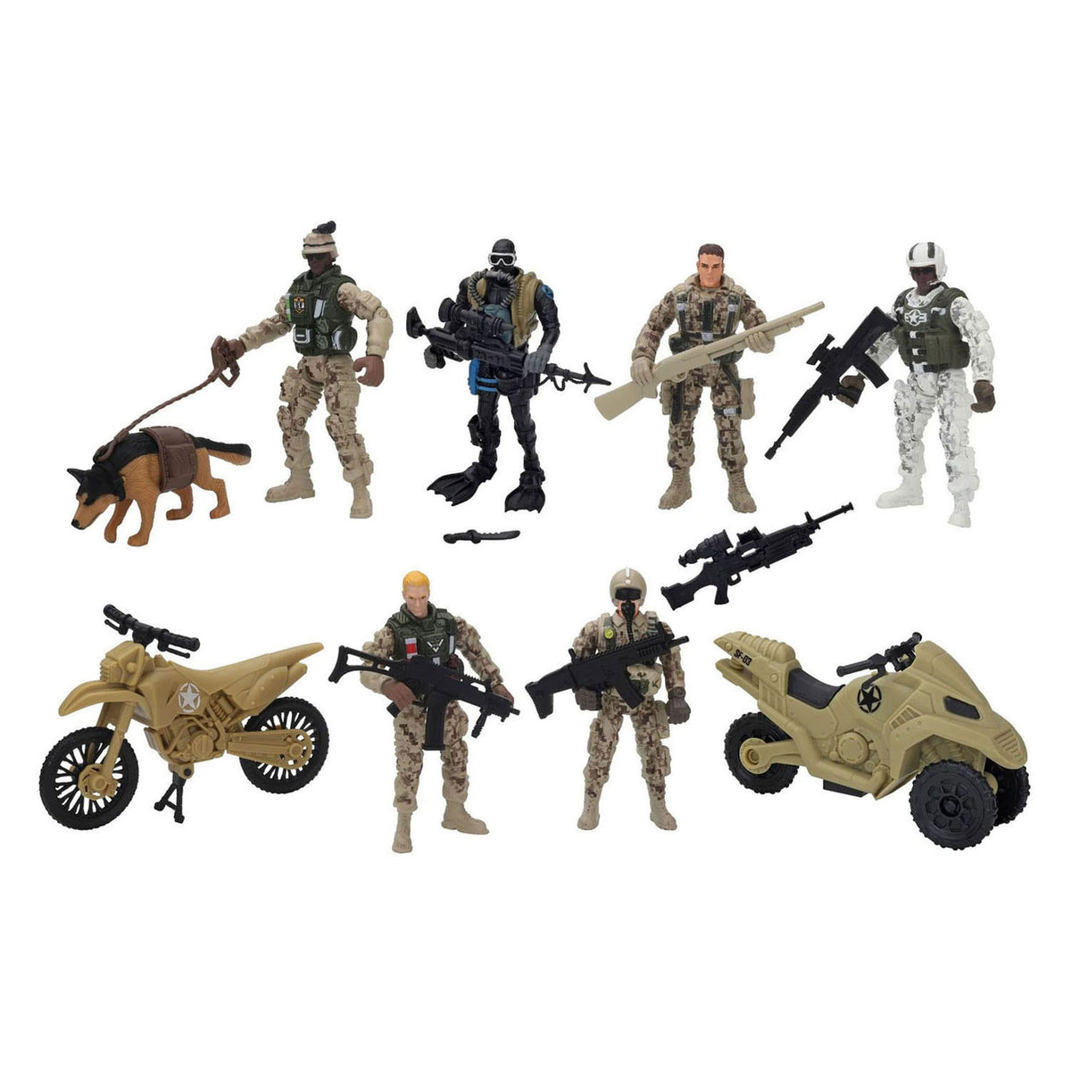 Figurines de jeu RC Soldier Foe, lot de 6 soldats, chien et 2 motos.