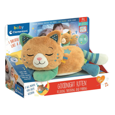 Clementoni bébé - bonne nuit chaton - peluche pour dormir avec respiration, ronronnement et mélodies - pour la détente - à partir de 0 mois