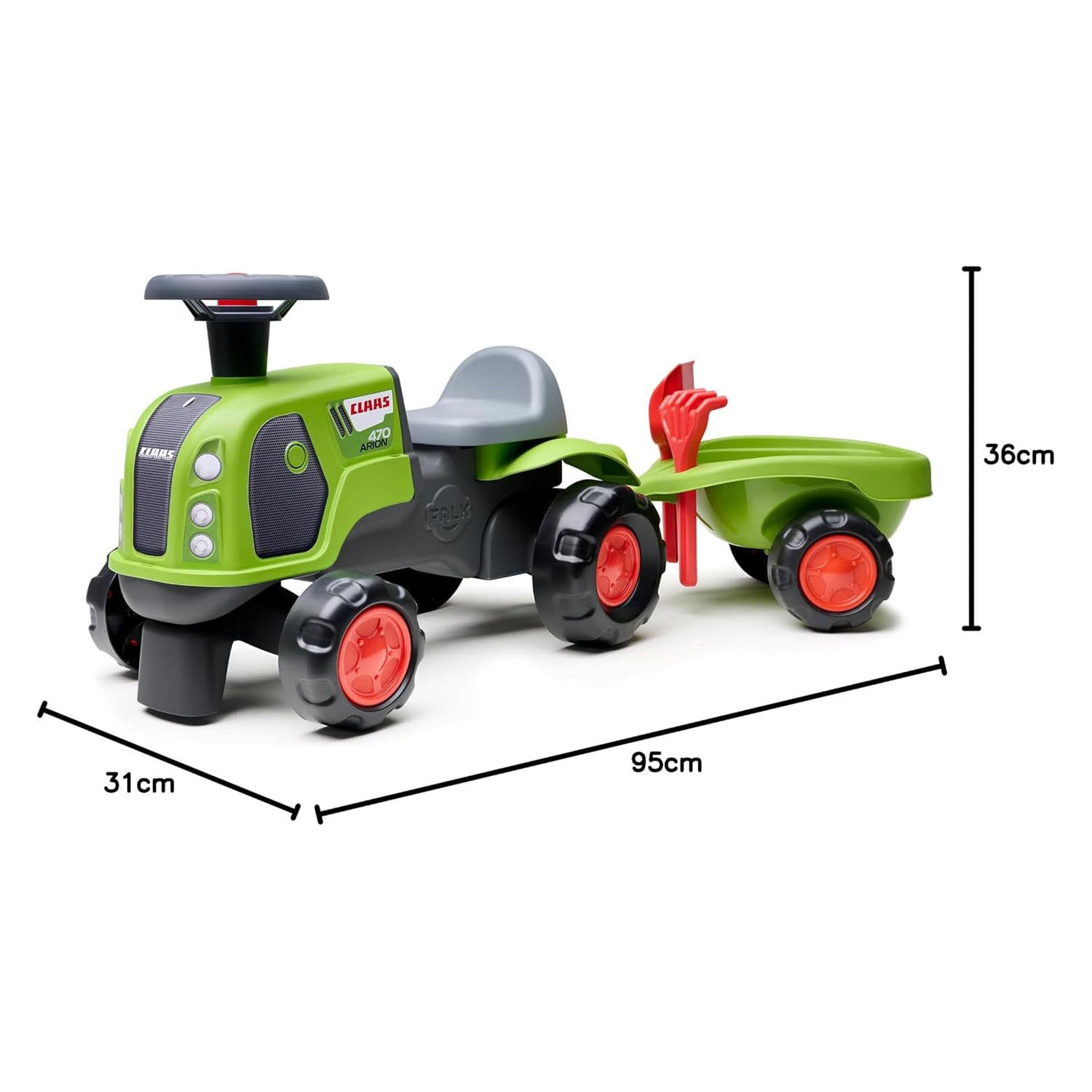 Falk Claas 470 Arion porteur vert avec remorque + jeu de sable