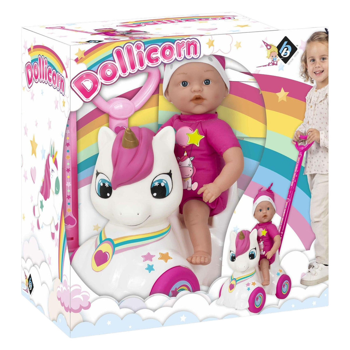 Poupée bébé Dollicorn avec voiture porteur licorne - 37cm