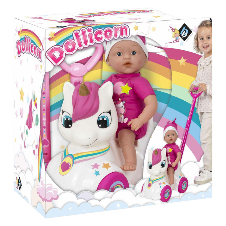 Poupée bébé Dollicorn avec voiture porteur licorne - 37cm