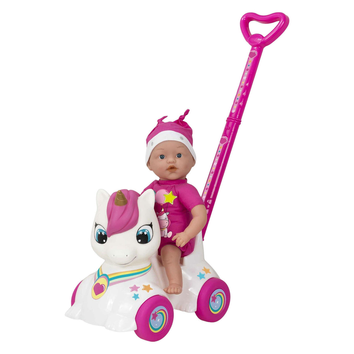 Poupée bébé Dollicorn avec voiture porteur licorne - 37cm